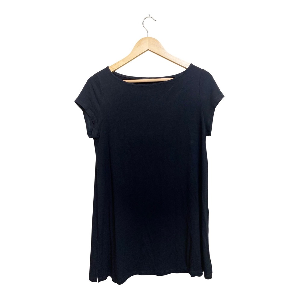 Eileen Fisher Black Viscose Jersey Short Sleeve Boat Neck Tunic Top Small